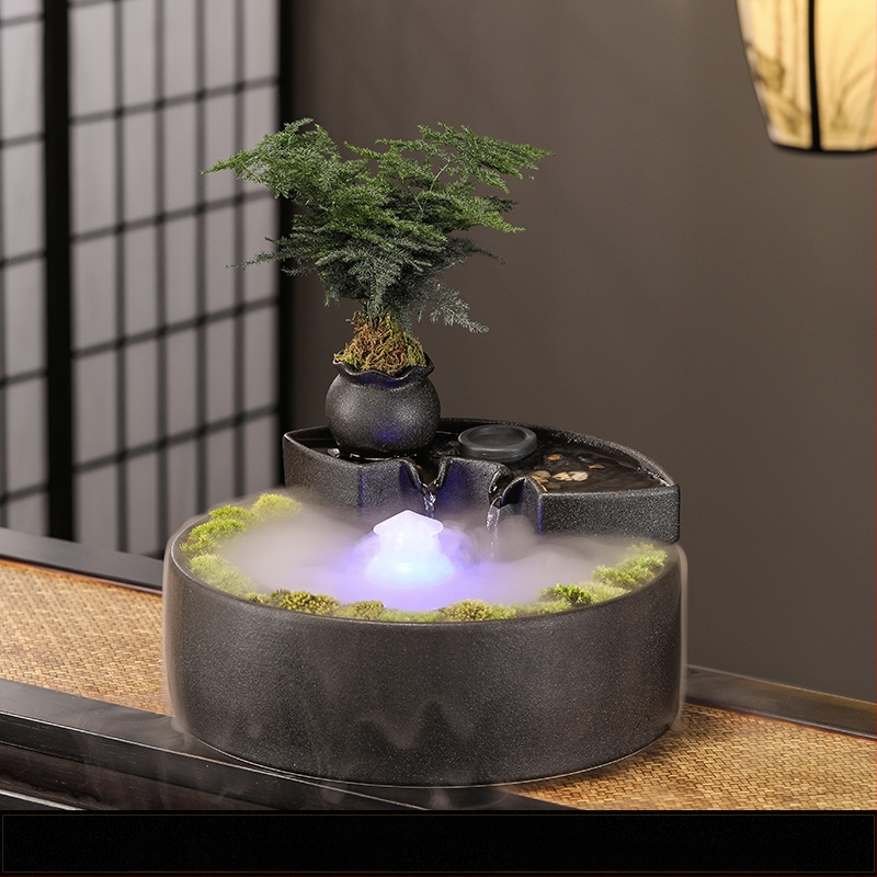 Keraminis stalinis fontanas su tekančiu vandeniu – mini kraštovaizdis, glazūruotas, dažytas, naujo Kinų stiliaus (Medžiaga: keramika; Paviršius: glazūruotas; Dažymas: dažytas; Stilius: Naujo Kinų stilius)