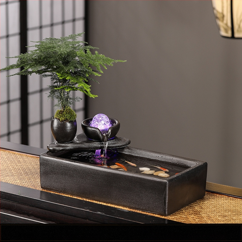 Keraminis stalinis fontanas su tekančiu vandeniu – mini kraštovaizdis, glazūruotas, dažytas, naujo Kinų stiliaus (Medžiaga: keramika; Paviršius: glazūruotas; Dažymas: dažytas; Stilius: Naujo Kinų stilius)