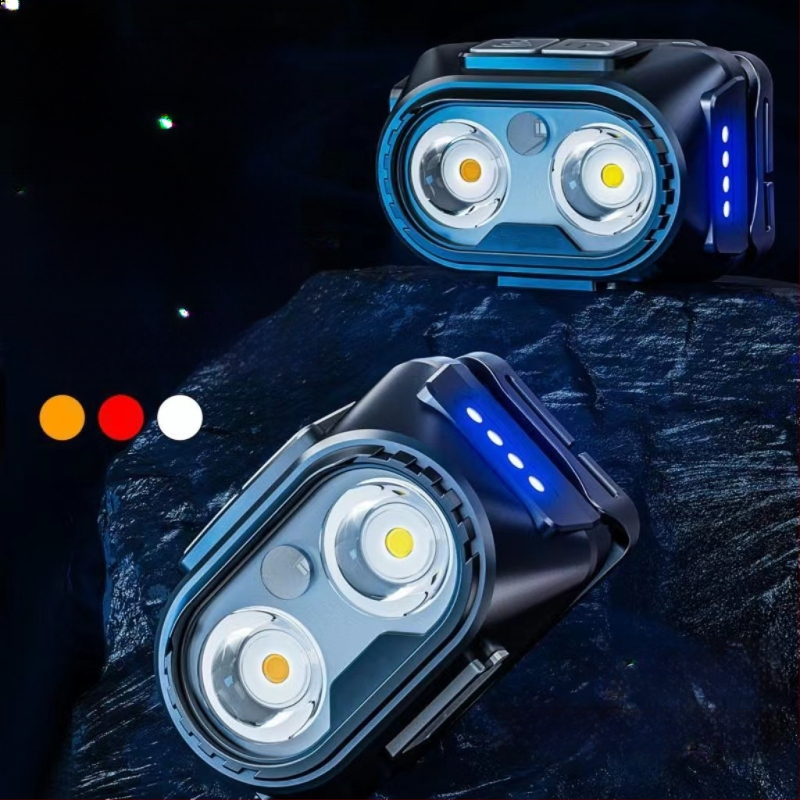 Dubulta LED galvas luktura, uzlāde, Type-C uzlāde, 360° rotācija, darbības diapazons 100–200 m, manuāla enerģijas ģenerēšana