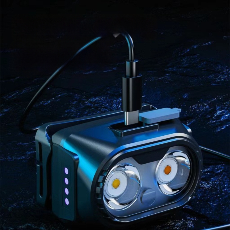 Dubulta LED galvas luktura, uzlāde, Type-C uzlāde, 360° rotācija, darbības diapazons 100–200 m, manuāla enerģijas ģenerēšana