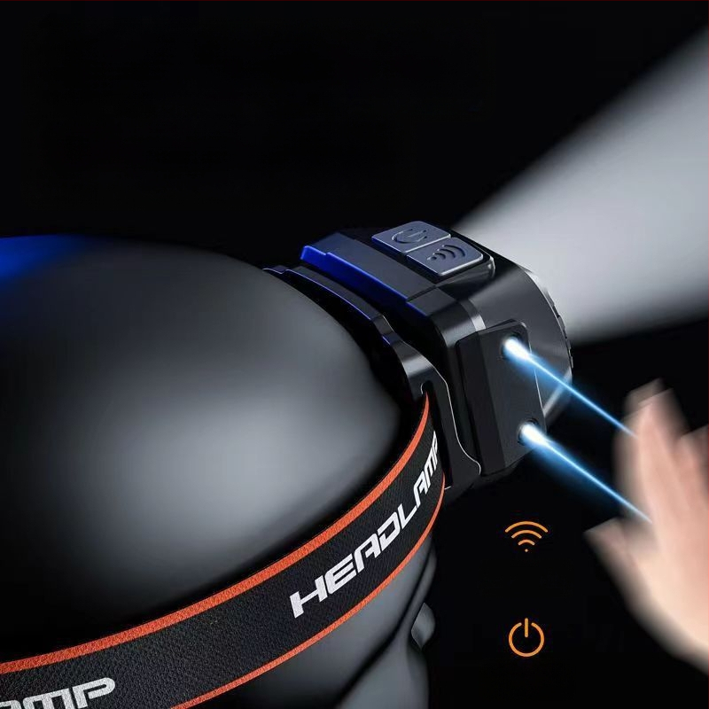 Dubulta LED galvas luktura, uzlāde, Type-C uzlāde, 360° rotācija, darbības diapazons 100–200 m, manuāla enerģijas ģenerēšana