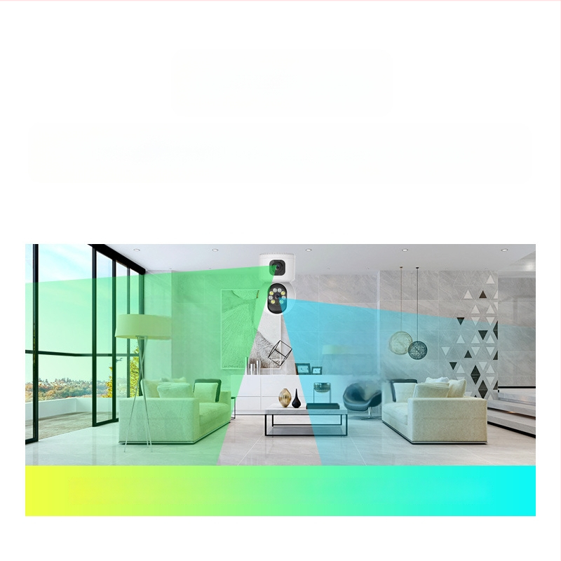 Dvigubos objektyvų kamera vidaus stebėjimui belaidžiu Wi‑Fi ir nuotoline prieiga per telefoną; 0.01 lx minimalus apšvietimas; SNR > 48 dB; -10…50°C; Atšvaitinio apšvietimo kompensavimas; Signalo funkcija