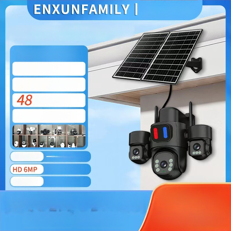Saulės energijos lauko kamera su trimis objektyvais, signalu ir naktiniu matymu, 4 mm objektyvai, raiška 1920×3240, PTZ 355°/90°