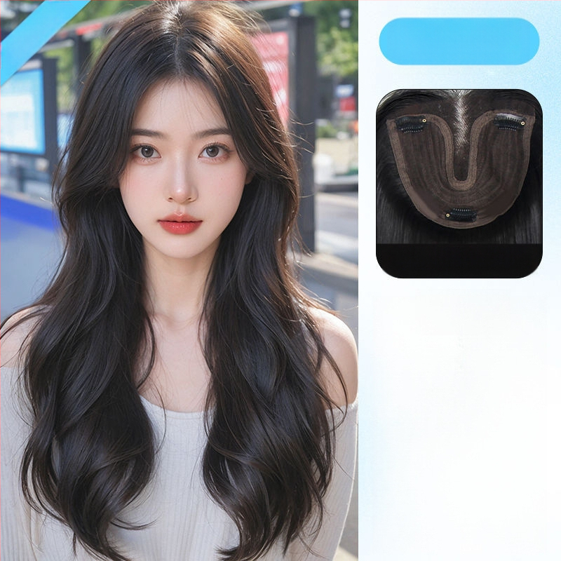 Čipkota parukė moterims su vidiniu dalijimosi, apimti plaukai su dideliais bangais; pluoštai atsparūs temperatūrai; modelis: čipkota dalis; technologija: mechanizmas; negalima dažyti ar perm