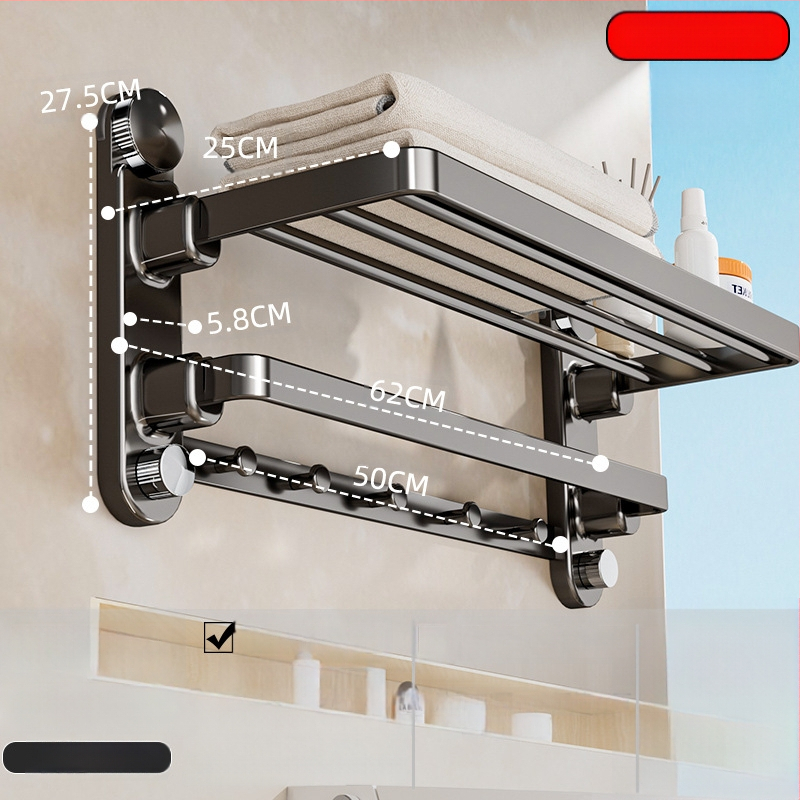 Oginsk metalo rankšluosčių laikiklis vonios kambariui su siurbimo tvirtinimu, be gręžimo, su integruota pakabinimo strypa