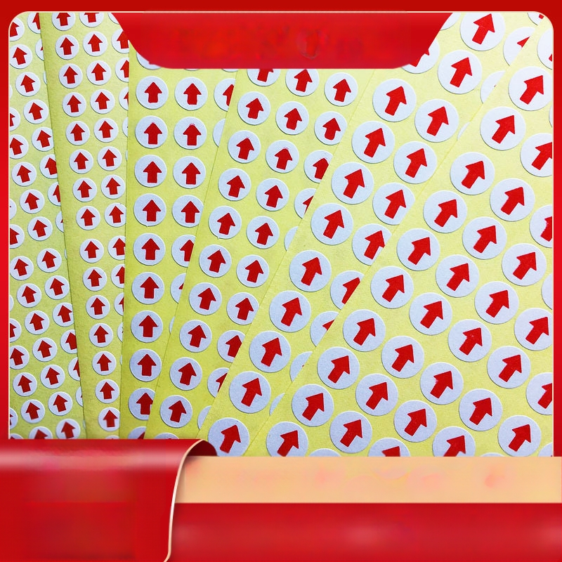 Apaļš uzlīme ar bultiņu, pašlīmējoša, vara plāksnes materiāls, karstās kausēšanas līmes, 80°C temperatūras izturība, stipra izturība pret vilkmi