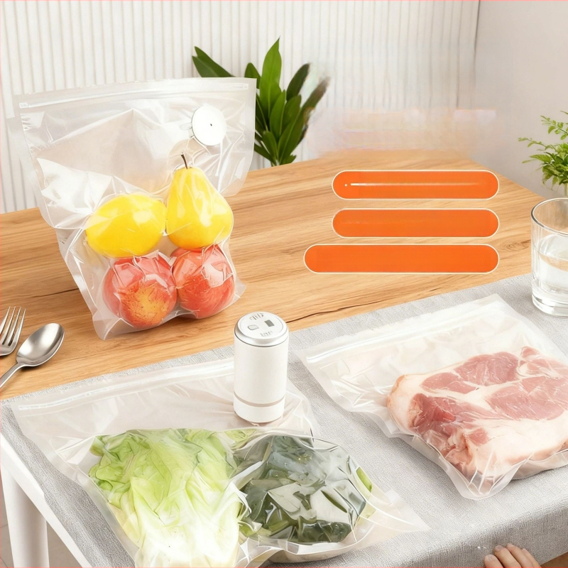 Vakuuma uzglabāšanas maisiņš pārtikai — PA+PE biezināts materiāls, sūkšanās tips, bez sūkņa, mājas uzglabāšanas vakuuma maisiņš (2025)