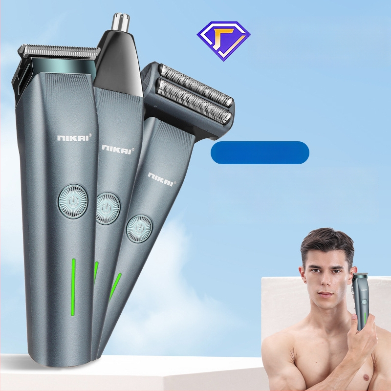 Vyrų 3-1 plaukų kirpimo rinkinys - USB įkraunamas elektrinis kirpėjas, nosies plaukų kirpimo įrankis ir skustuvas, nuimamos ir plaunamos pjovimo galvos, nerūdijančio plieno peiliukai.