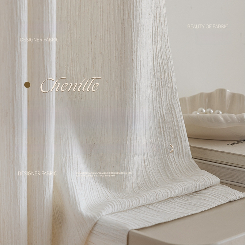 Chenille poliestera caurspīdīgās aizkari – moderns minimālisks stils dzīvojamai istabai, ar biezu un klusu stieni