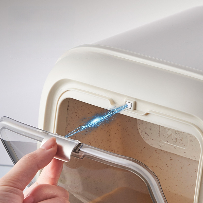 Ryžių laikymo dėžutė, sandari, atspari drėgmei ir kenkėjams; medžiaga: PP plastikas; šiuolaikinis minimalistinis dizainas.