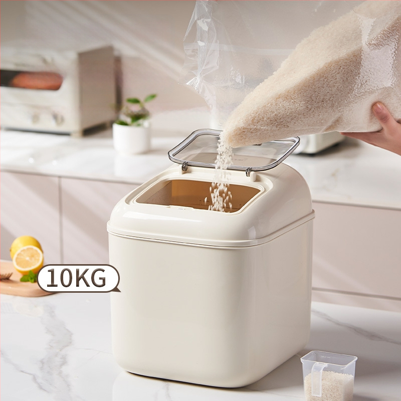 Ryžių laikymo dėžutė, sandari, atspari drėgmei ir kenkėjams; medžiaga: PP plastikas; šiuolaikinis minimalistinis dizainas.