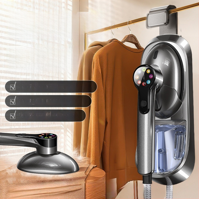 Pārvietojams tvaika gludināšanas ierīce drēbēm ar skārienjutīgu ekrānu, 1450W, 111–240V, tilpums <0,8 l, ar stiprinājumu