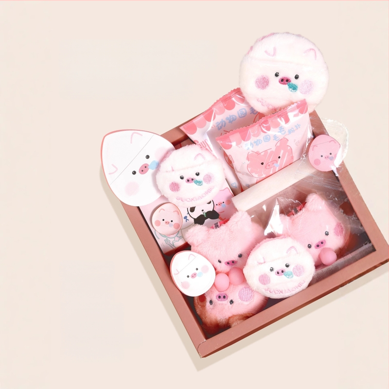 Guo Xiaoniu Dārza Dzīvnieku Sērija – Pūderu pūtēju komplekts mitrai un sausai lietošanai, iekļauj 2 pūkotas pūces, 1 marshmallow pūku, 2 pirkstu pūķi, uzglabāšanas kārba; Materiāli: poliesters, sūklis, ruby cell, elastīgais sūklis, PU āda