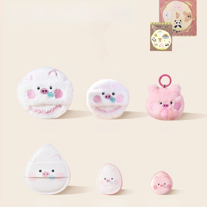 Guo Xiaoniu Dārza Dzīvnieku Sērija – Pūderu pūtēju komplekts mitrai un sausai lietošanai, iekļauj 2 pūkotas pūces, 1 marshmallow pūku, 2 pirkstu pūķi, uzglabāšanas kārba; Materiāli: poliesters, sūklis, ruby cell, elastīgais sūklis, PU āda