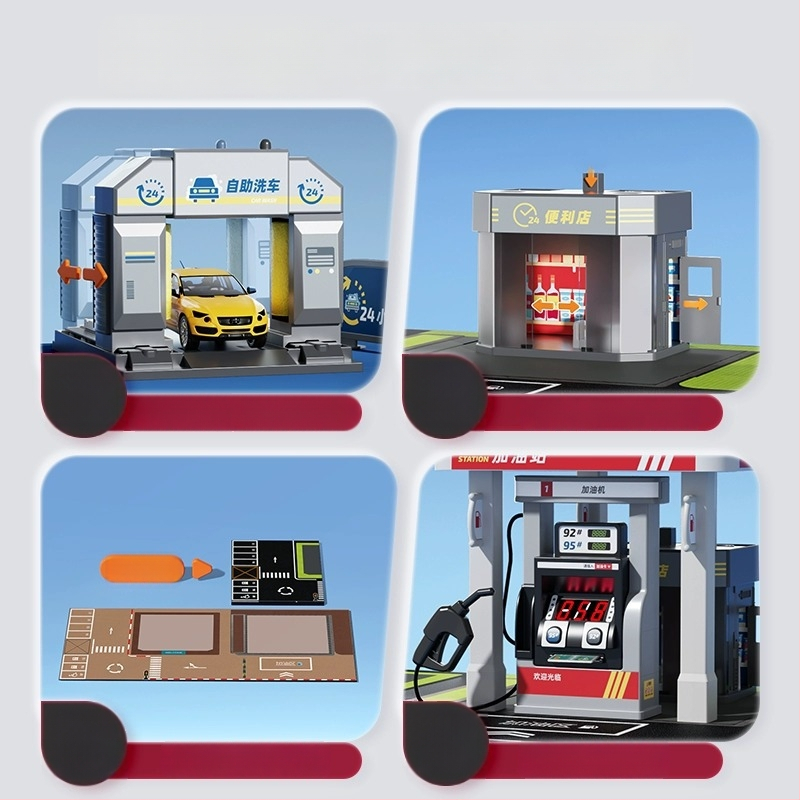 Yisi degvielas stacija rotaļu komplekts – balss paziņojumi, simulēta uzpildīšana un skaitīšana, plastmasas konstrukcija, bērniem 4–6 gadi