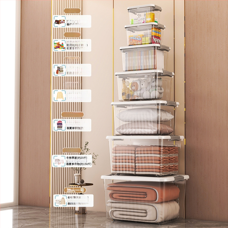 Riidekasti ladustamiskast, läbipaistev disain, 50–60 L maht, PP plastikust, mitmekülgne, tolmu- ja niiskuskindel