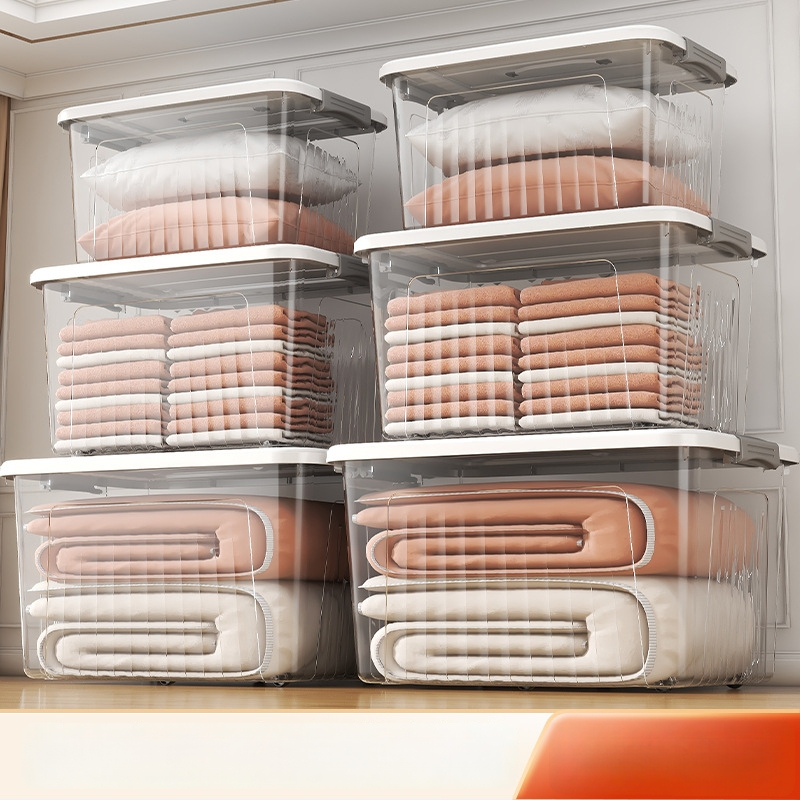 Riidekasti ladustamiskast, läbipaistev disain, 50–60 L maht, PP plastikust, mitmekülgne, tolmu- ja niiskuskindel