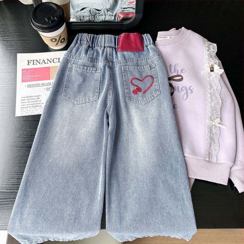 Tüdrukutele – Korea stiilis puuvillased džinsid südame motiiviga, vaba laia lõikega, sügis 2025