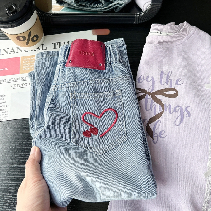 Tüdrukutele – Korea stiilis puuvillased džinsid südame motiiviga, vaba laia lõikega, sügis 2025
