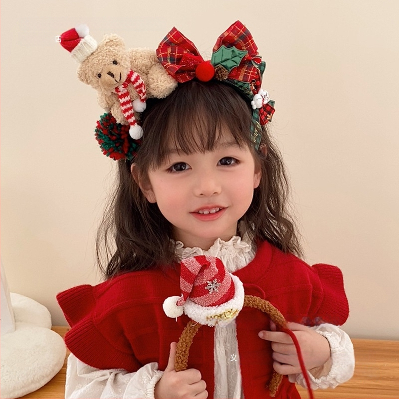 Vaikų galvos juosta su meškiuko dizainu ir šilko gėlėmis (Prekės ženklas: Fupo; Medžiaga: Šilko gėlės; Šventė: Kalėdos)