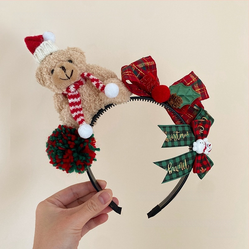 Vaikų galvos juosta su meškiuko dizainu ir šilko gėlėmis (Prekės ženklas: Fupo; Medžiaga: Šilko gėlės; Šventė: Kalėdos)