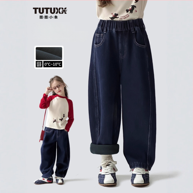 Mergaitėms skirti džinsai su fliso pamušalu, aukštas liemuo, medvilnės audinys, elastinė juosta, rudens–žiemos 2025