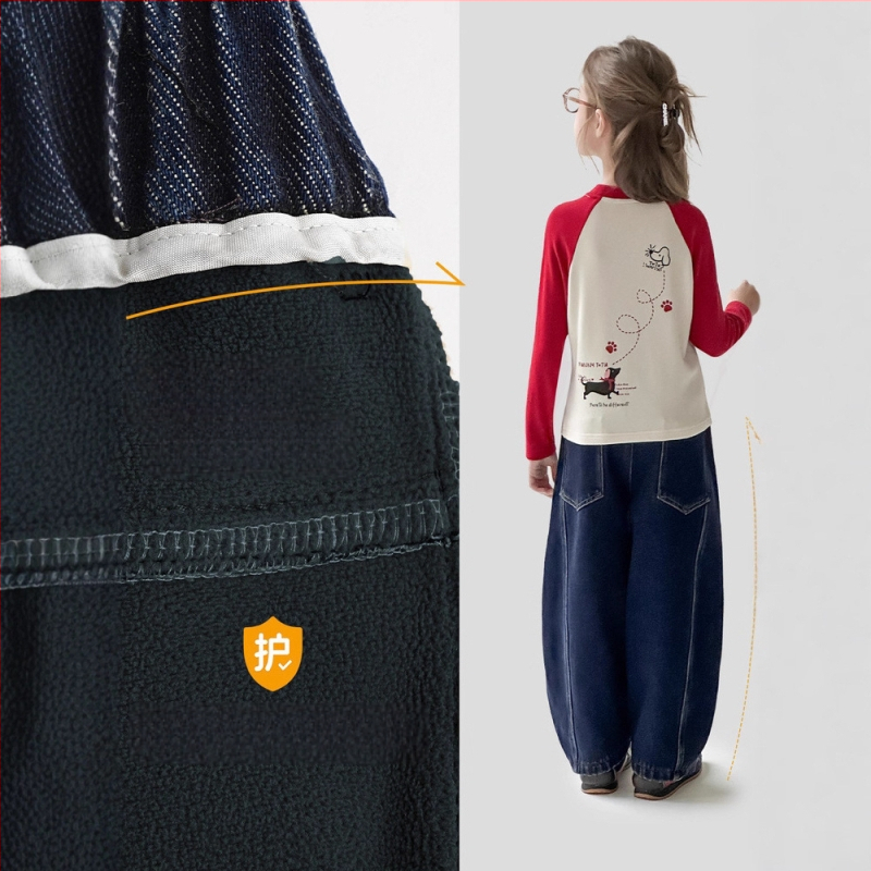 Mergaitėms skirti džinsai su fliso pamušalu, aukštas liemuo, medvilnės audinys, elastinė juosta, rudens–žiemos 2025