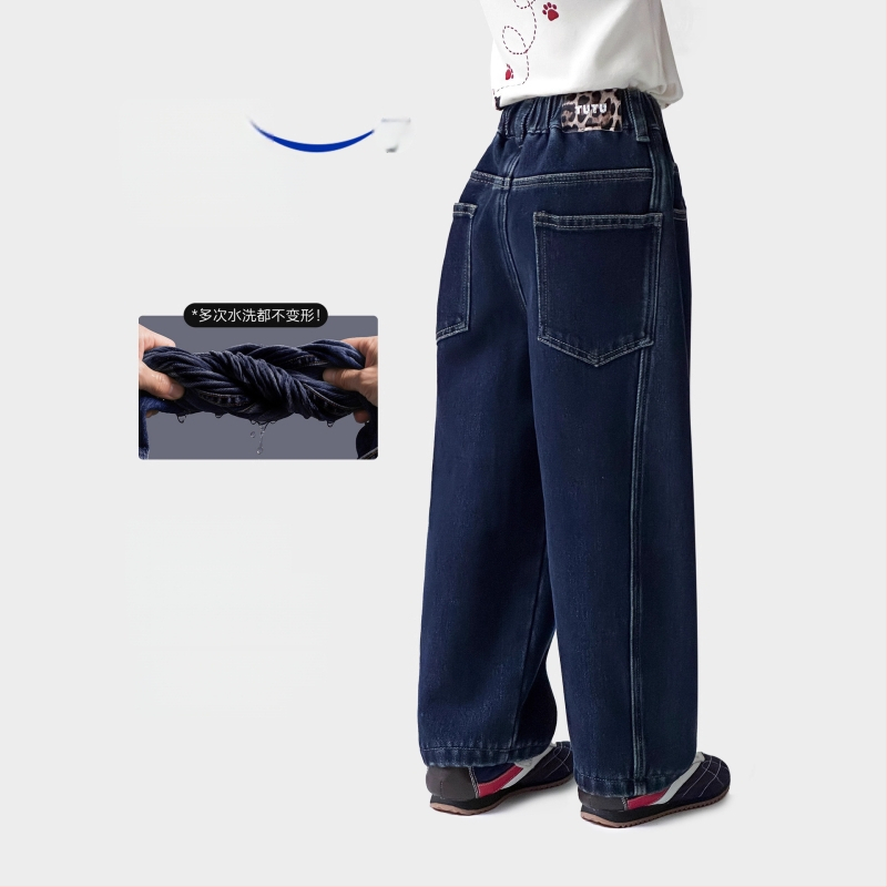 Mergaitėms skirti džinsai su fliso pamušalu, aukštas liemuo, medvilnės audinys, elastinė juosta, rudens–žiemos 2025