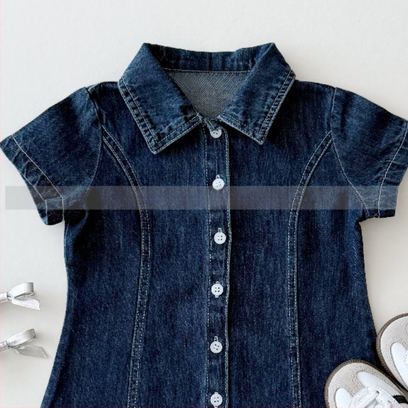 Mergaitės džinsinė suknelė iš medvilnės, Korejos stilius, A linija, trumpomis rankovėmis