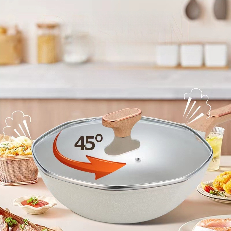 Wok s Maifanovým kameňom, nepřilnavý, kompatibilný s indukčnou platňou, sklenený kryt, model H09
