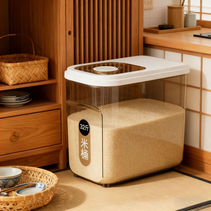 Ryžių laikymo indas – sandarus, atsparus drėgmei ir kenkėjams; skaidrus plastikas, 10 L talpa