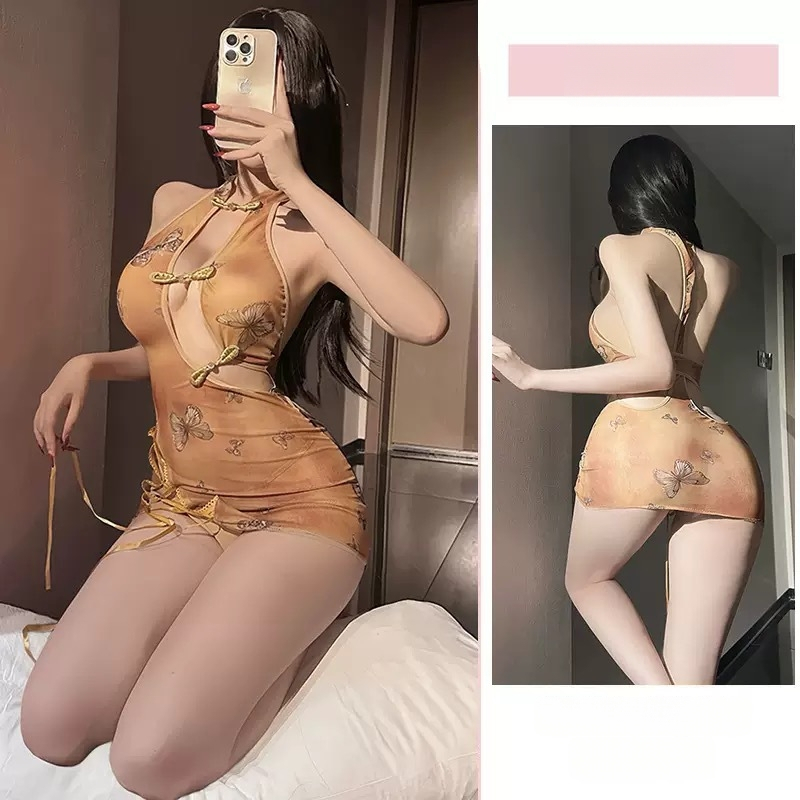 Sexy retro Cheongsam s izrezom i motivom leptira, uska noćna haljina koja pristaje bokovima, prozirni leđa, iznimno zavodljivo