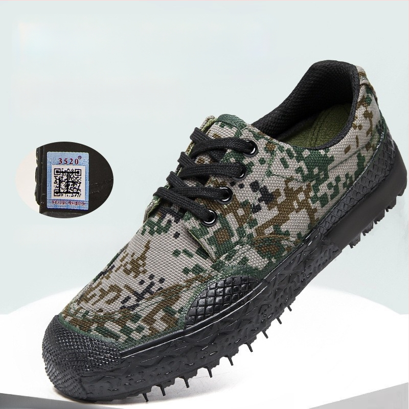 Unisex kamufliažiniai lauko batai – drobės viršus, gumos padas, atsparūs dėvėjimui, apvalus pirštas, plokščias kulnas, žemas modelis (drobės viršus; gumos padas; atsparūs; apvalus pirštas; plokščias kulnas)