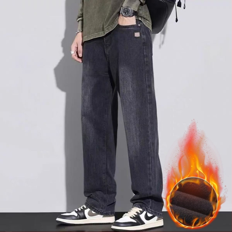 Meeste teksad fleece-vooderdusega, paksud, sirge lõige, kõrge vöökoht, tõmblukk