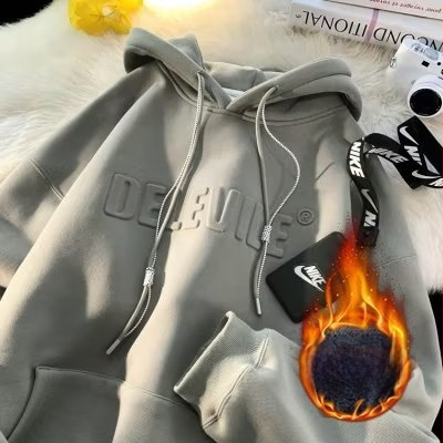 320 g smags vintage kapucētais džemperis, oversize brīvs piegriezums, garas piedurknes, raksts ar burtiem, poliestera audums