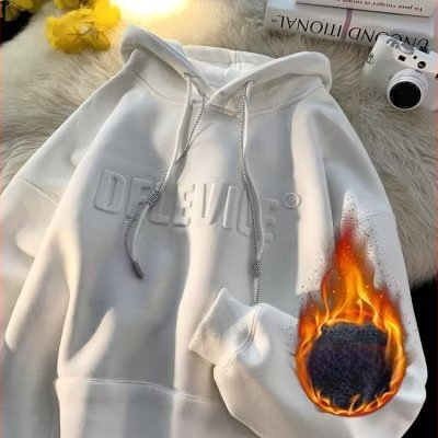 320 g smags vintage kapucētais džemperis, oversize brīvs piegriezums, garas piedurknes, raksts ar burtiem, poliestera audums