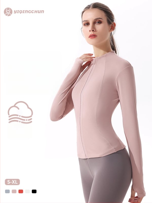 Moterų jogos švarkas su ilgomis rankovėmis, greitai džiūstantis, prigludęs kirpimas, stovinti kaklaskarė, be pamušalo, 90% poliesterio + 10% spandekso