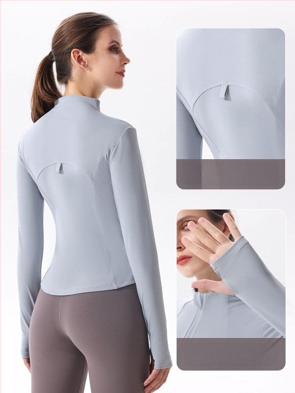 Moterų jogos švarkas su ilgomis rankovėmis, greitai džiūstantis, prigludęs kirpimas, stovinti kaklaskarė, be pamušalo, 90% poliesterio + 10% spandekso