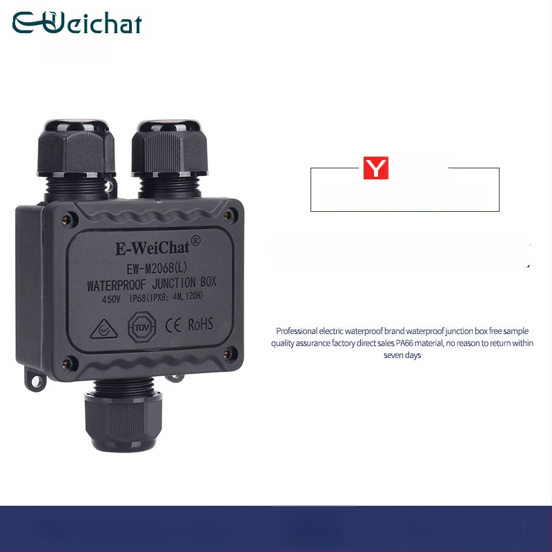 Išorinė IP68 skirstomoji dėžė su trim keliais, PA66 nailonas, atspari vandeniui Y tipo kabeliams