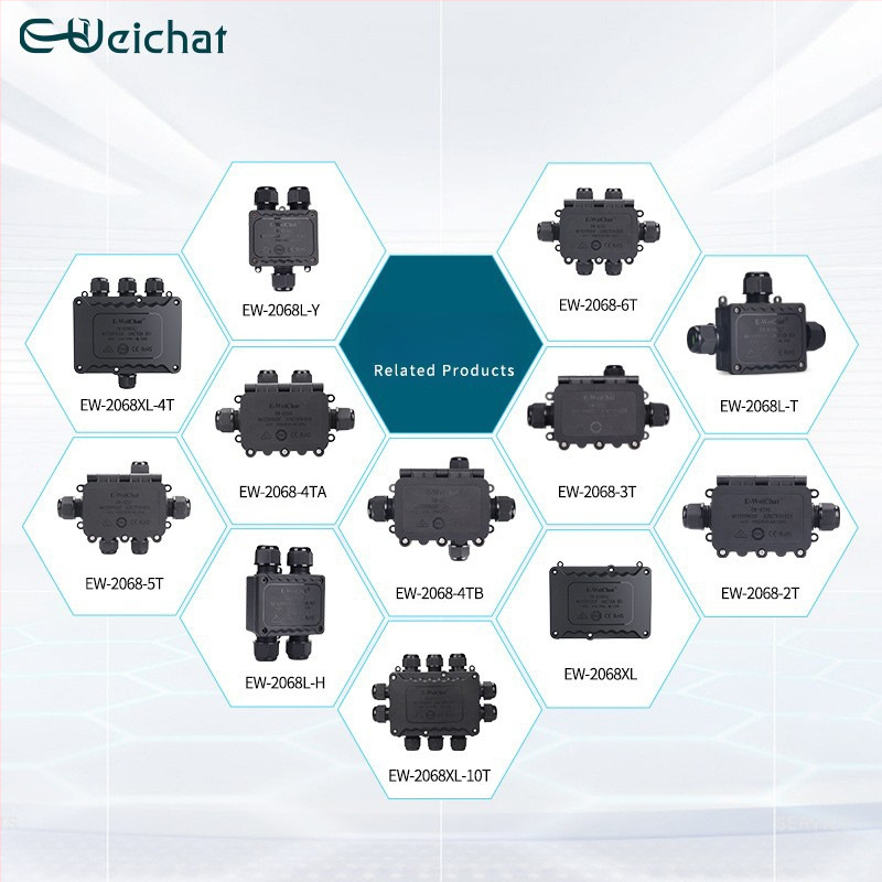 Išorinė IP68 skirstomoji dėžė su trim keliais, PA66 nailonas, atspari vandeniui Y tipo kabeliams