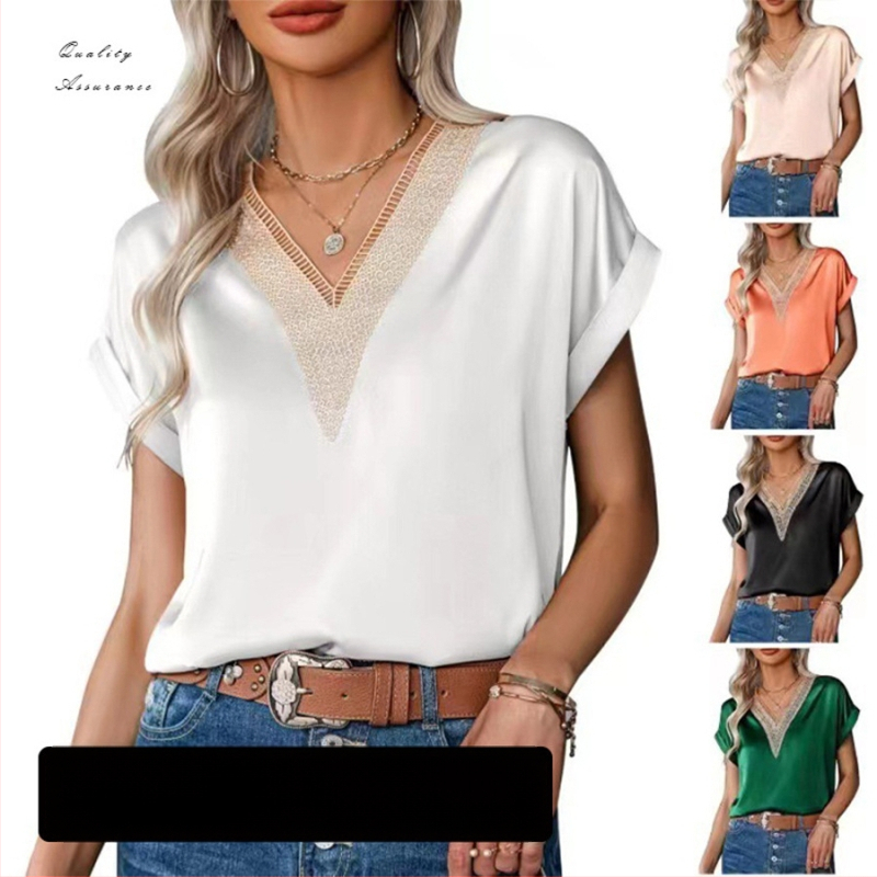 Poliesterā satīna T-krekls ar V-veida kaklu, bat piedurknes, īsas piedurknes, parastā garuma