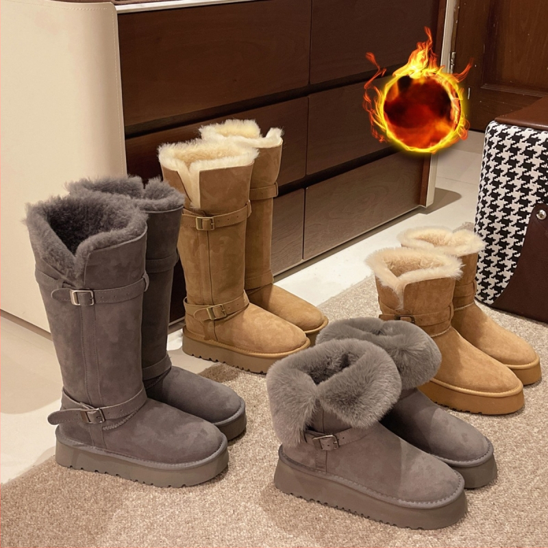 Naiste lumebootid nubukust ülaosaga, kummist talla, sisemus kunstlik lakk, keskmise kõrgusega varvas, sügav avamine, kanna 1–3 cm