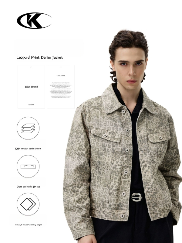 Jakk – Ameerika Vintage stiil – Leopardimuster – Denim-puuvilne välisriietus – Vaba lõige