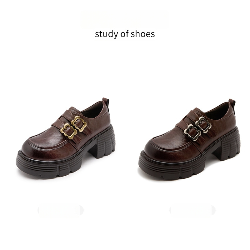 Sieviešu ādas kurpes ar biezu zoli, retro stils, apaļš purns, papēža augstums 6–8 cm, Velcro aizdare, EVA zole