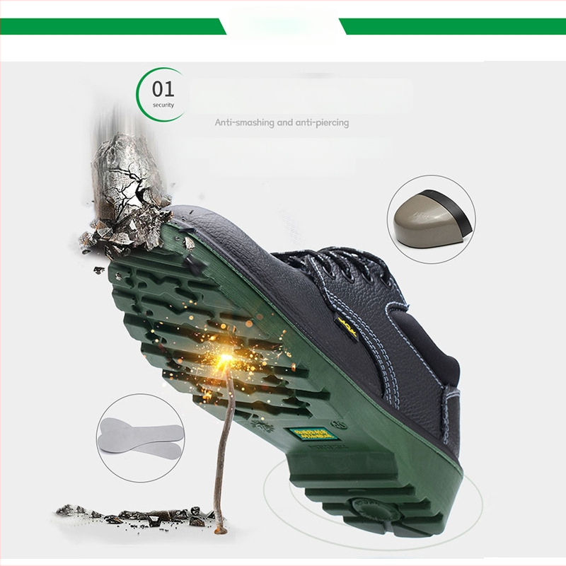 Saugūs darbo batai su apsauga nuo griovimo ir perforacijos; karvės oda; plieninis pirštas; žemas viršelis; tinkami anglies kasykloms, naftos pramonėje, chemijoje, elektrai, laivų statybai, statyboms, viešbučiams, dirbtuvėms