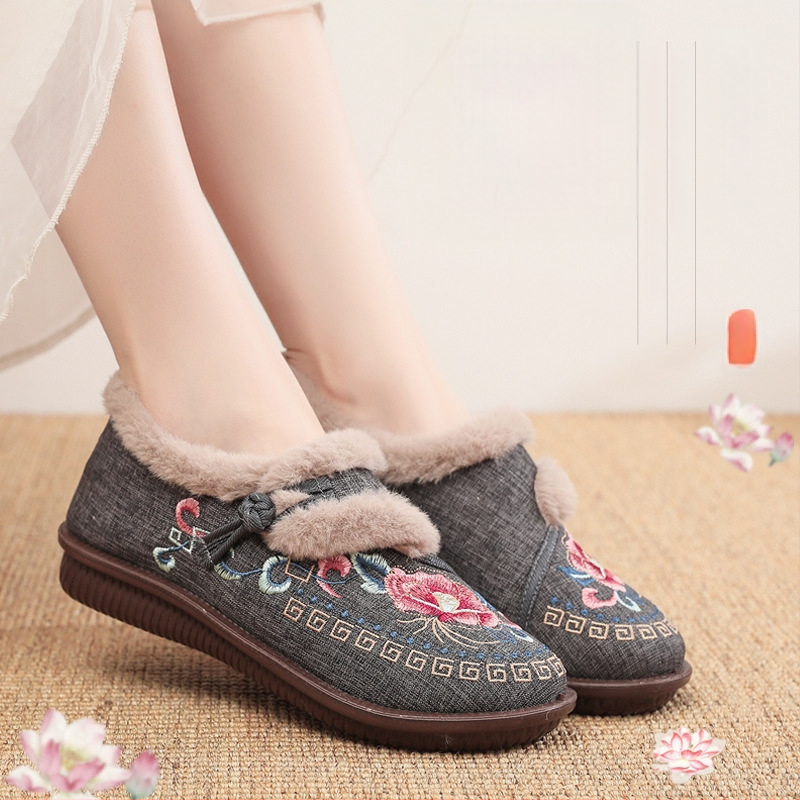 Naiste talvised puuvillased kingad lillemustriga, slip-on, ümmarguse ninaga, siseflisvooder