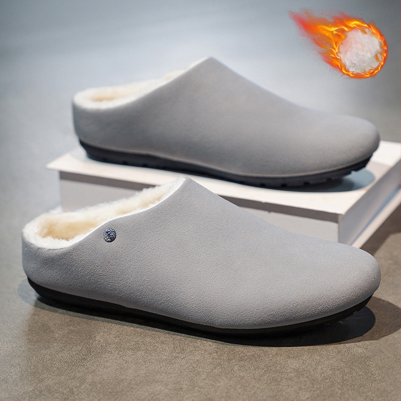 Ziemas vīriešu čības ar fleece oderi – augšējā daļa no sintētiskās ādas, gumijas zole, injicēta veidota zole, slēgtie pirksti, slip-on