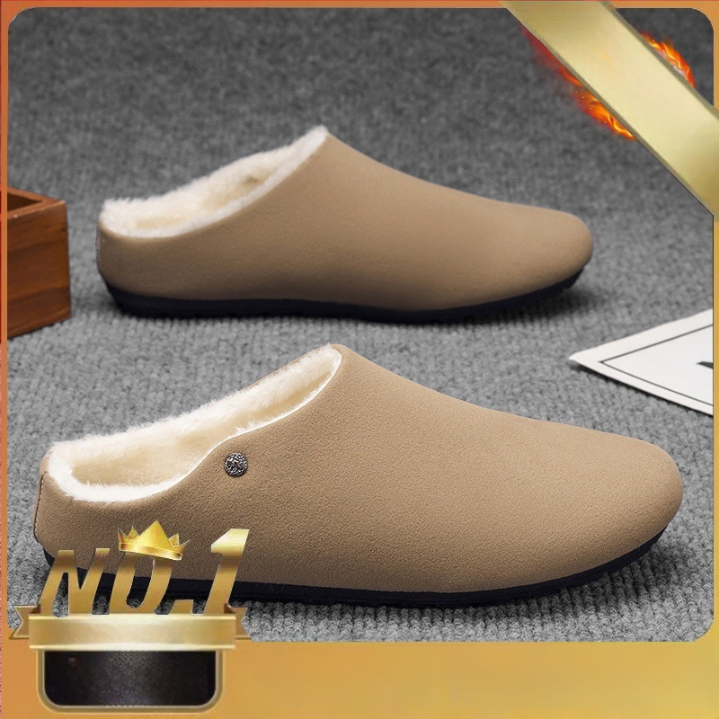 Ziemas vīriešu čības ar fleece oderi – augšējā daļa no sintētiskās ādas, gumijas zole, injicēta veidota zole, slēgtie pirksti, slip-on