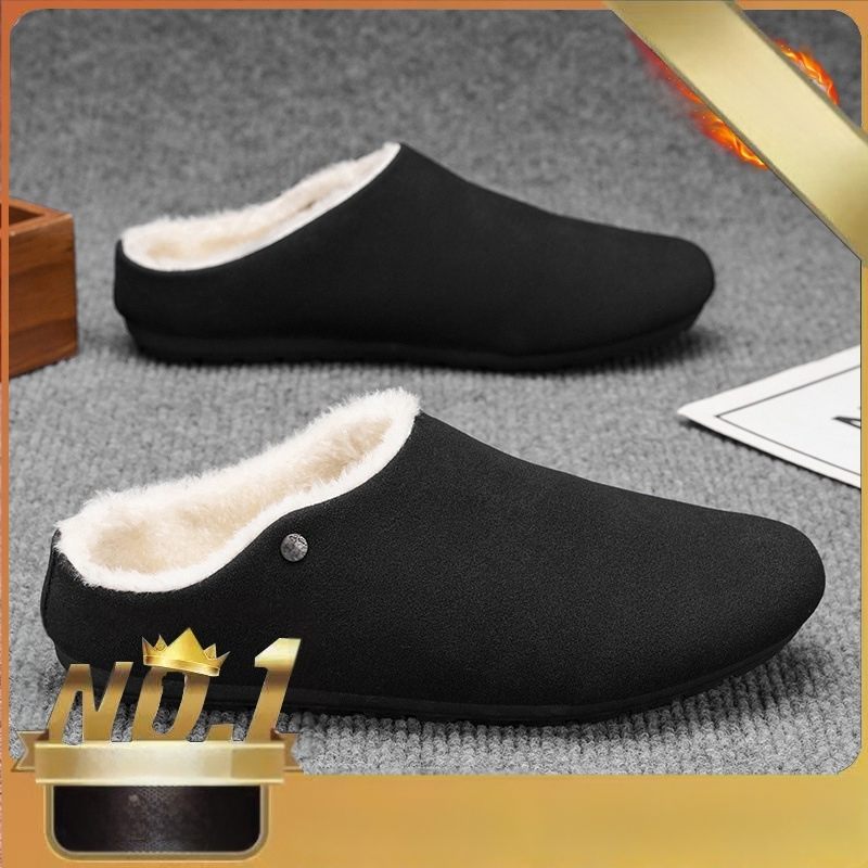 Ziemas vīriešu čības ar fleece oderi – augšējā daļa no sintētiskās ādas, gumijas zole, injicēta veidota zole, slēgtie pirksti, slip-on