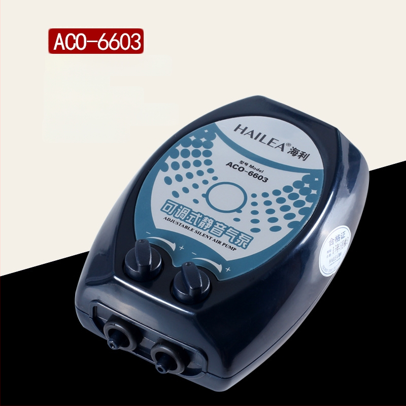 Haili dviejų galvų deguonies siurblys akvariumui su reguliuojamu oro srautu ir tylia veikla, modeliai ACO5503/6603/9610